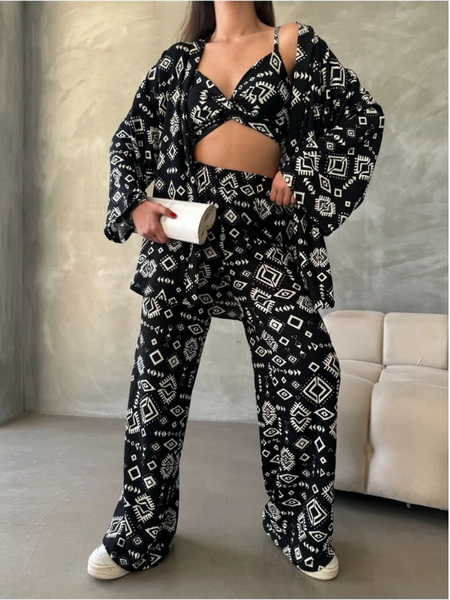 Noir Vibes Boho Printed Women's Co-ord Set - 3 piece