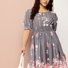 Floral Print Puff Sleeves Fit & Flare Dress