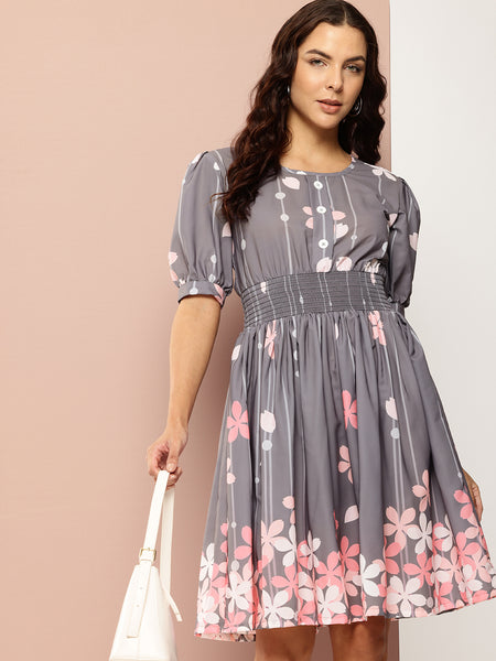 Floral Print Puff Sleeves Fit & Flare Dress