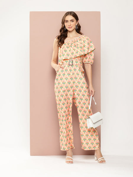 Floral One-Shoulder Jumpsuit with Belt - for Women