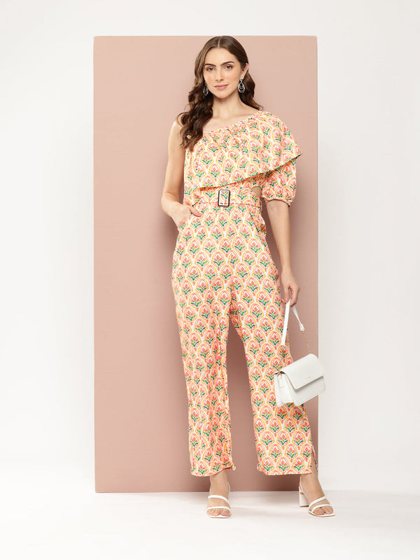Floral One-Shoulder Jumpsuit with Belt - for Women