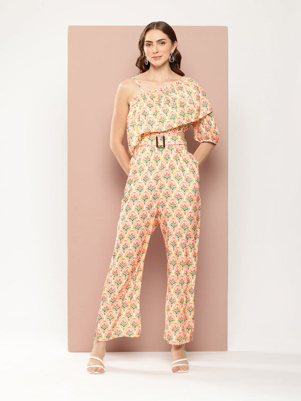 Floral One-Shoulder Jumpsuit with Belt - for Women