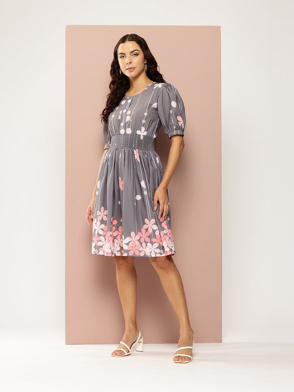 Floral Print Puff Sleeves Fit & Flare Dress