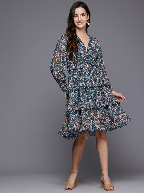 Midnight Floral Ruffle Dress