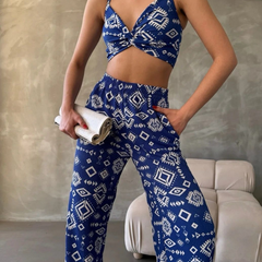 Blue Aztec Printed Women's Co-ord Set - 3 piece