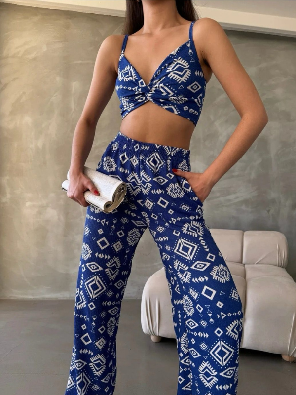 Blue Aztec Printed Women's Co-ord Set - 3 piece