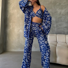 Blue Aztec Printed Women's Co-ord Set - 3 piece