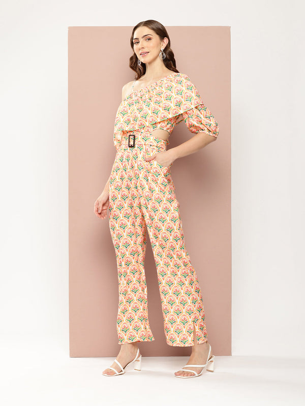 Floral One-Shoulder Jumpsuit with Belt - for Women