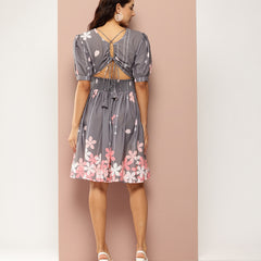 Floral Print Puff Sleeves Fit & Flare Dress