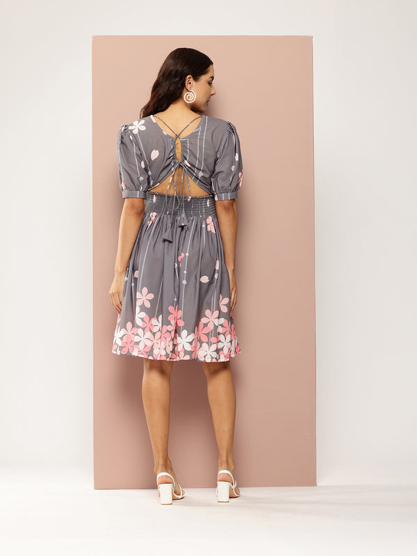 Floral Print Puff Sleeves Fit & Flare Dress