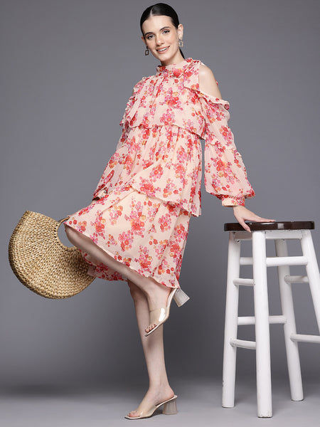 Floral Printed Halter Neck Cold-Shoulder