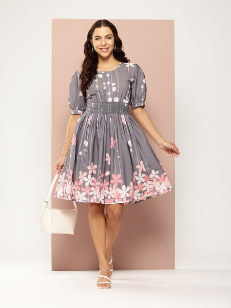 Floral Print Puff Sleeves Fit & Flare Dress