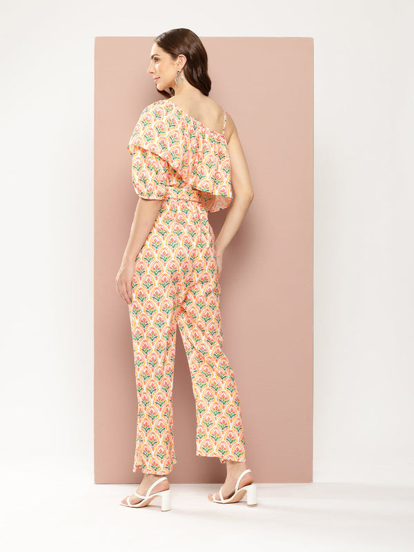 Floral One-Shoulder Jumpsuit with Belt - for Women